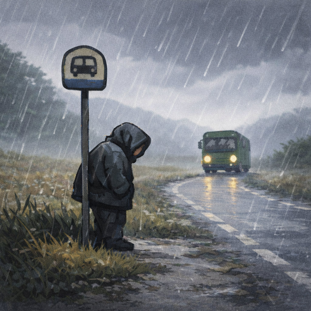 A figure in a hooded coat stands at a rural Irish bus stop in the rain as a green bus approaches in the distance.