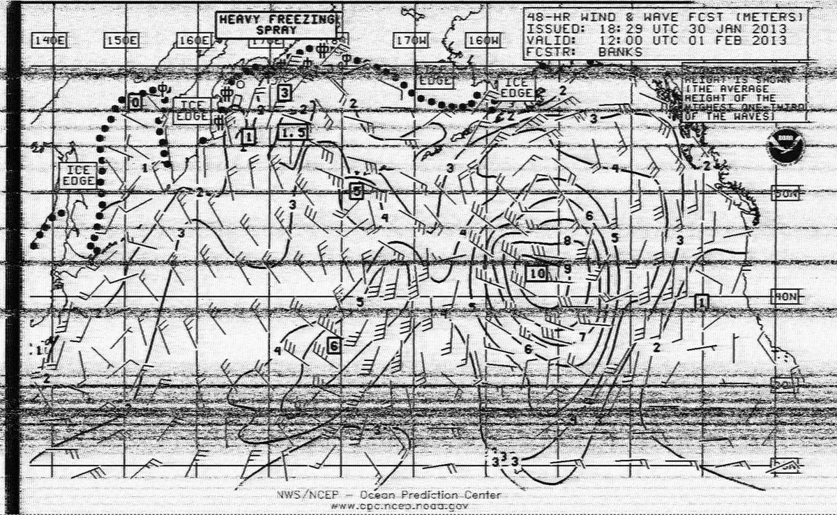Decoded 48-hour wind and wave forecast chart from NMC Point Reyes