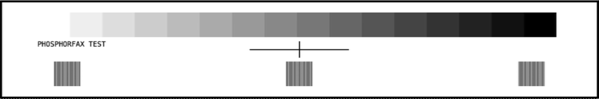 Decoded PhosphorFAX test card: grey wedge, centre cross and resolution bars